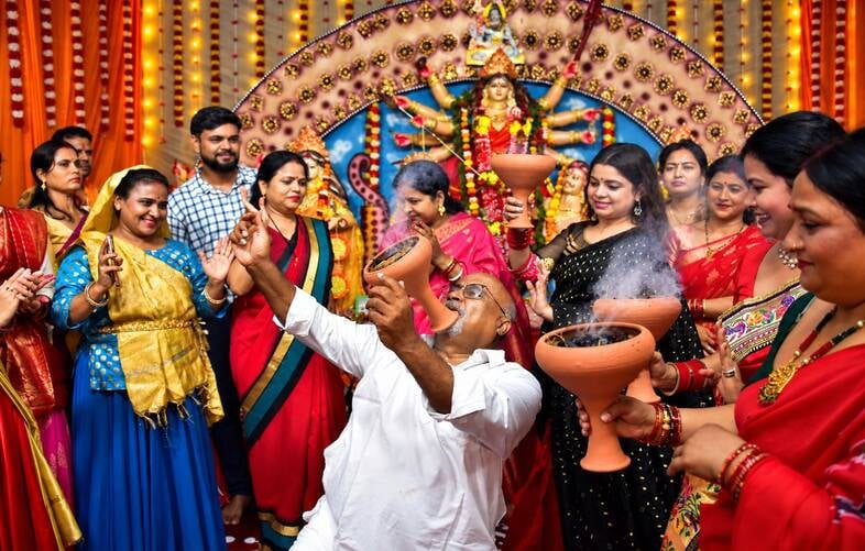 शहर में सजे दुर्गा पंडालों में आयोजित डांडिया, गरबा व धुनुचि नृत्य।